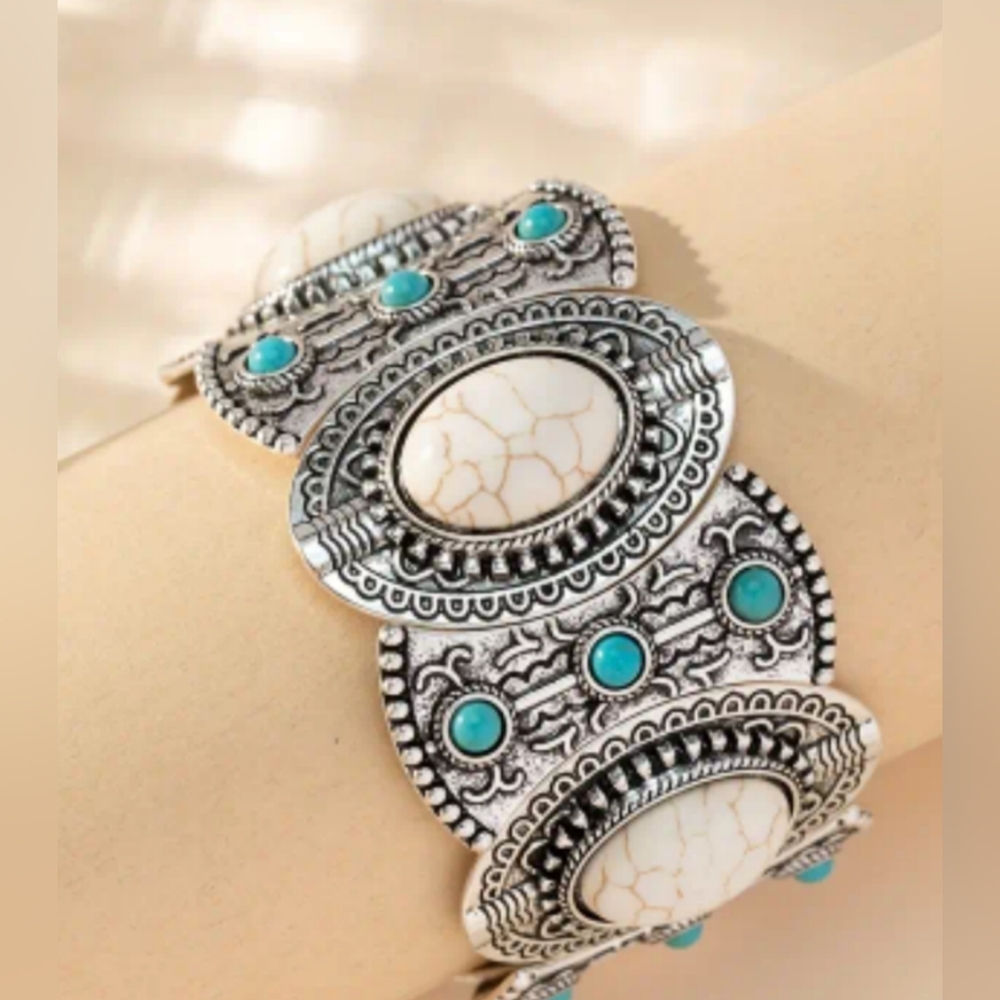 NEW Western Boho Silver,White,Turquoise Chunky Magnetic Bracelet-(#0154)
